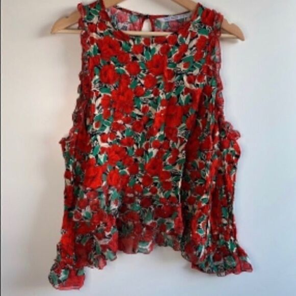 ZARA red flowers daisy print blouse shirt tee top long sleeve off shoulders sz S - Picture 5 of 6
